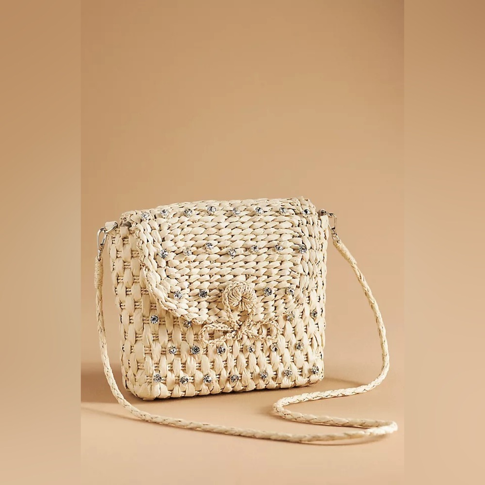 Anthropologie Embellished Straw Crossbody Bag